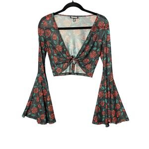 Horoscopez Whimsigoth Sheer Tie Front Flare Sleeve Crop Top Shirt Women Medium